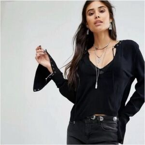 FREE PEOPLE Jump to The Beat Black Blouse Bell Sleeve Boho Top Size Medium